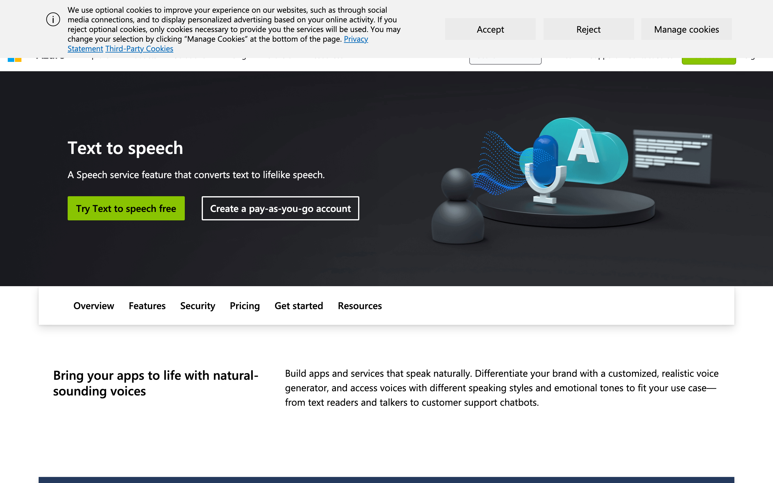 Captura de pantalla de Azure Speech
